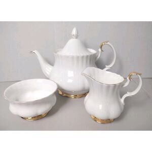 Vtg Royal Albert Val D'Or Teapot Set~ Bone China White Gold Creamer/Sugar